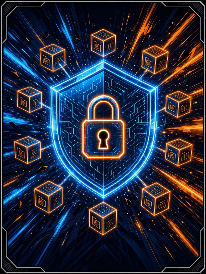 Manga-style illustration of an AI coding agent behind a glowing CI security shield with orbiting skill orbs