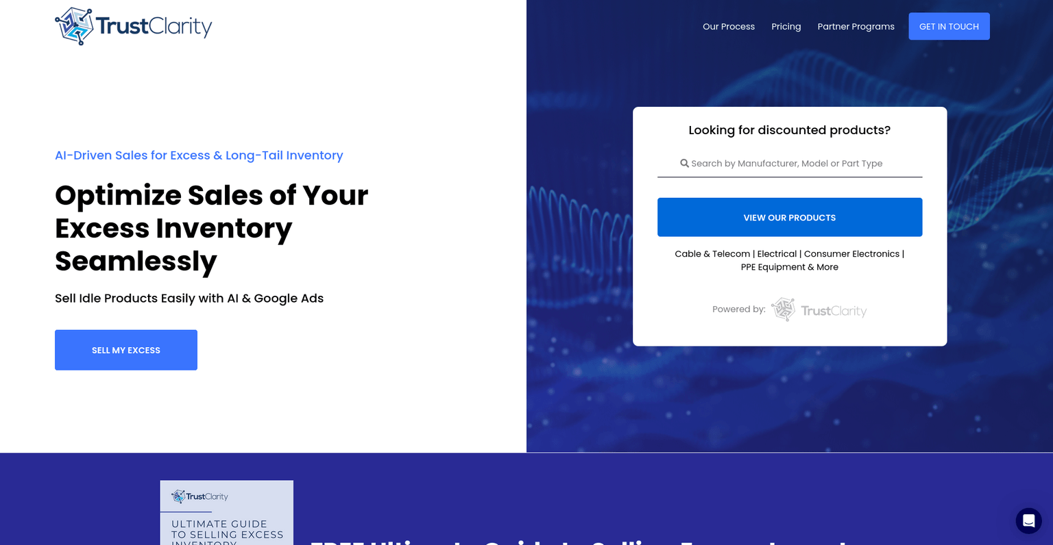 Legacy TrustClarity homepage with dark split-screen hero and generic tech imagery