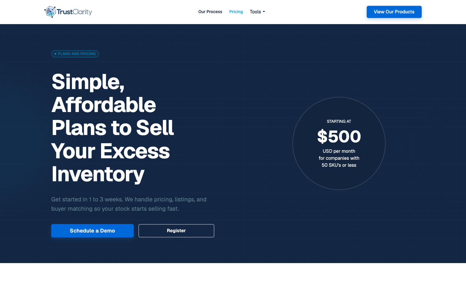 Live TrustClarity pricing page screenshot from the public marketing site