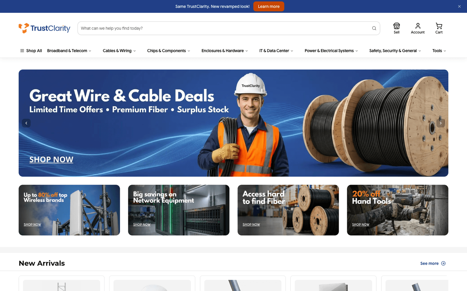 Live TrustClarity buyer marketplace homepage with search-first navigation and promotional hero