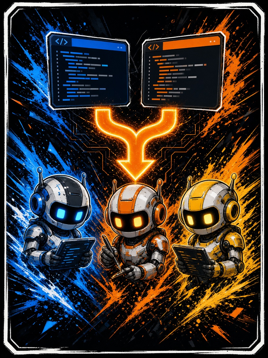 Manga-style illustration of robot coding agents collaborating around floating pull-request panels