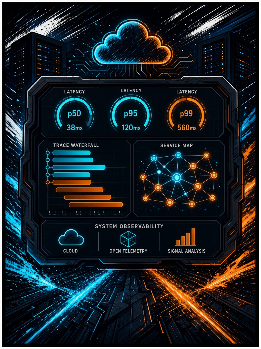 Manga-style illustration of glowing telemetry traces and dashboard gauges as energy streams