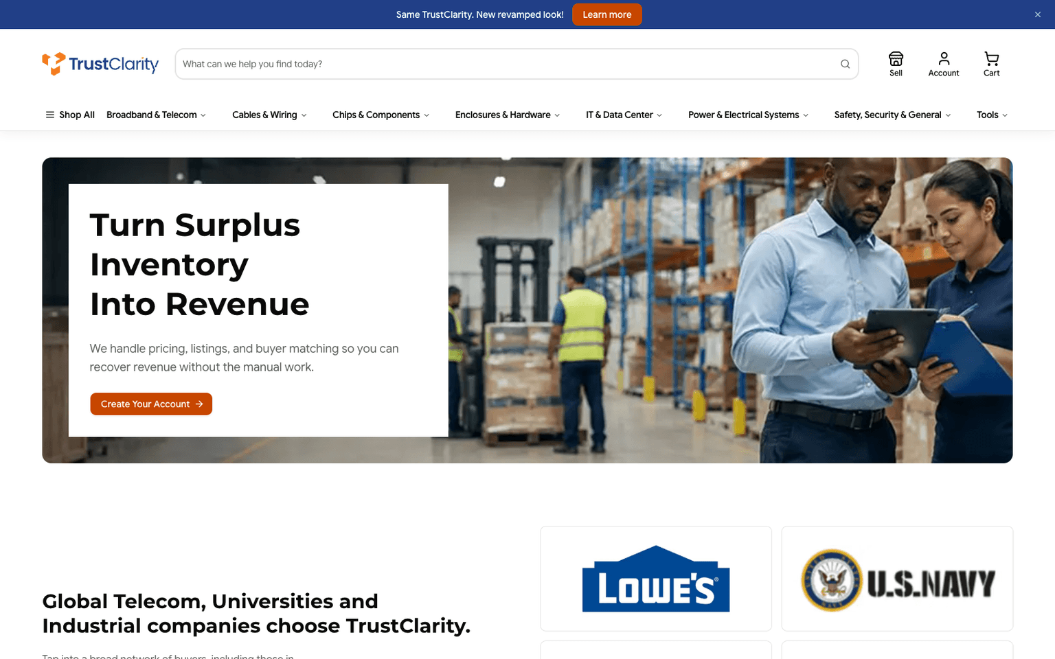 Live TrustClarity sellers page — Turn Surplus Inventory Into Revenue