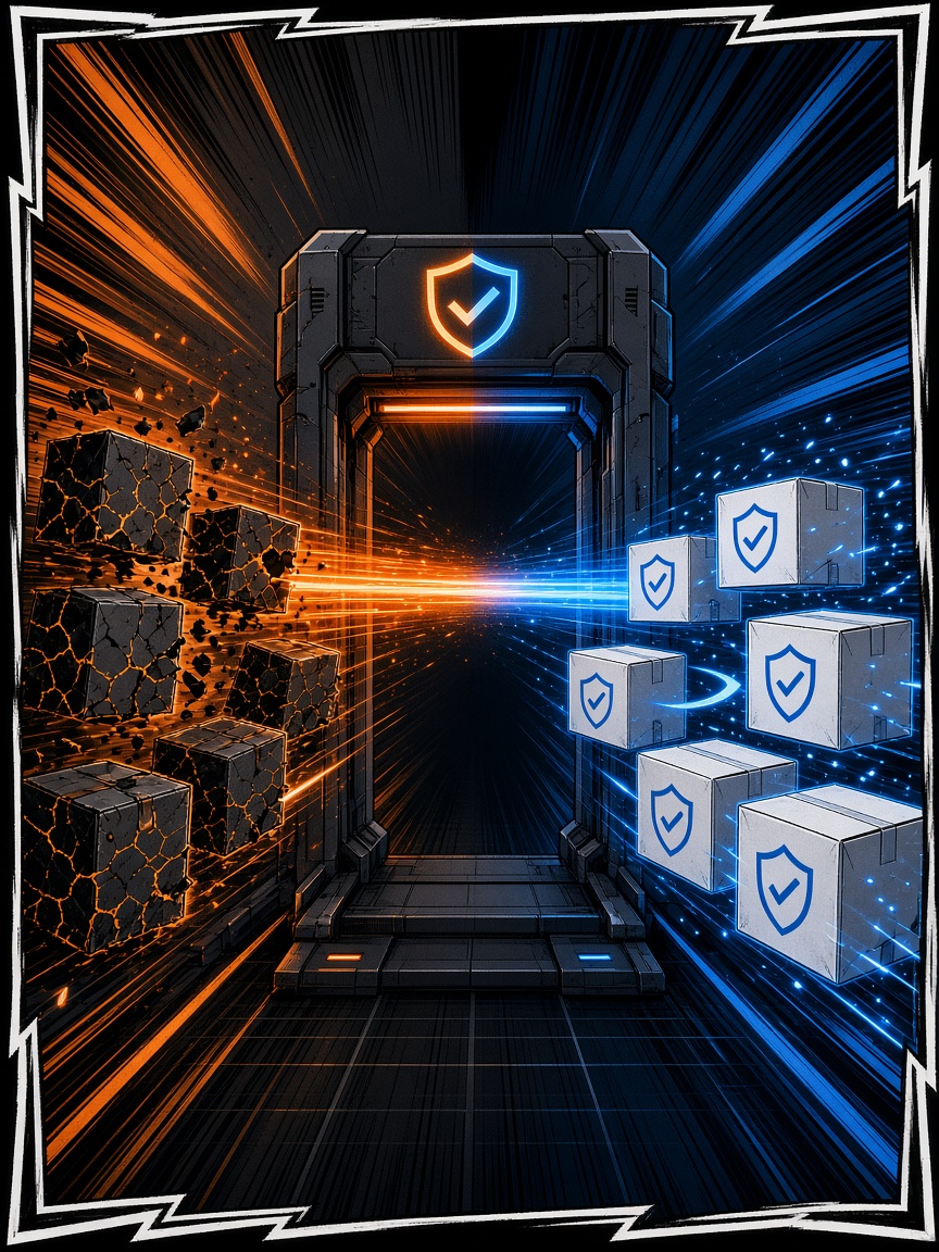 Manga-style illustration of sealed packages scanned by a heroic laser security gate